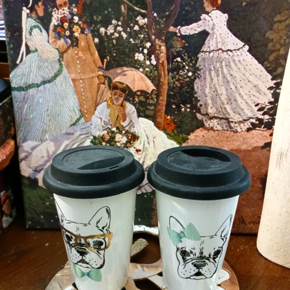 🥤🍵 2 Boston Terrier Ceramic Cup🥤🏕 Size 6"×3.75",Bow Coffee☕️Travel Cups.
